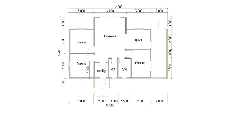 Проект одноэтажного дома: кухня-гостиная, 3 спальни, с/у и котельная на 66 кв.м.
