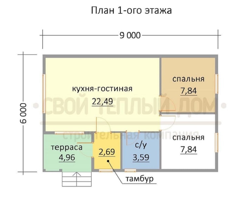 Проект компактного домика для дачного отдыха: 6х9 м, 2 спальни, с/у и кухня-гостиная
