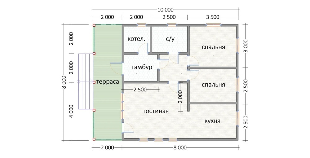 Проект одноэтажного дома К-26: 80 кв.м., 2 спальни, кухня-гостиная