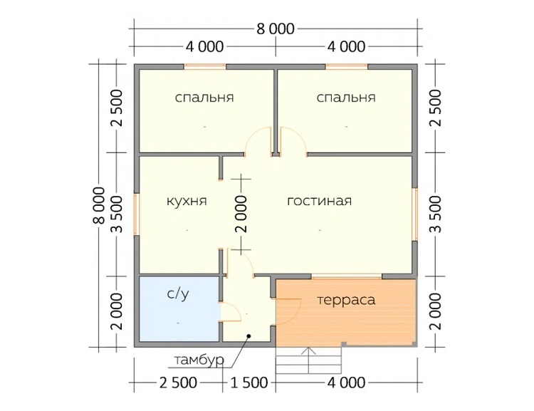 Дом на лето: каркасный домик для семьи по проекту К-11, 64 кв.м., 2 спальни, кухня-гостиная и с/у