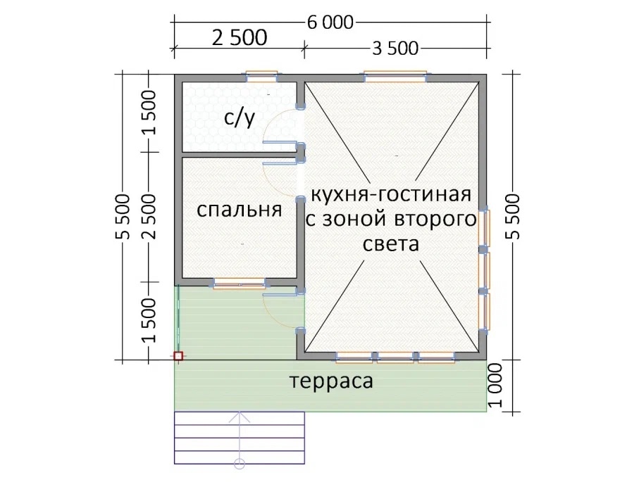 Проект мини-дома: спальня, с/у и кухня-гостиная на 33 кв.м.