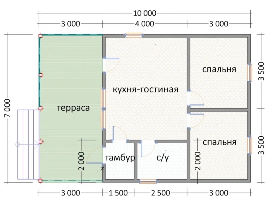 Проект К-30: одноэтажный дом с 2 спальнями и кухней-гостиной