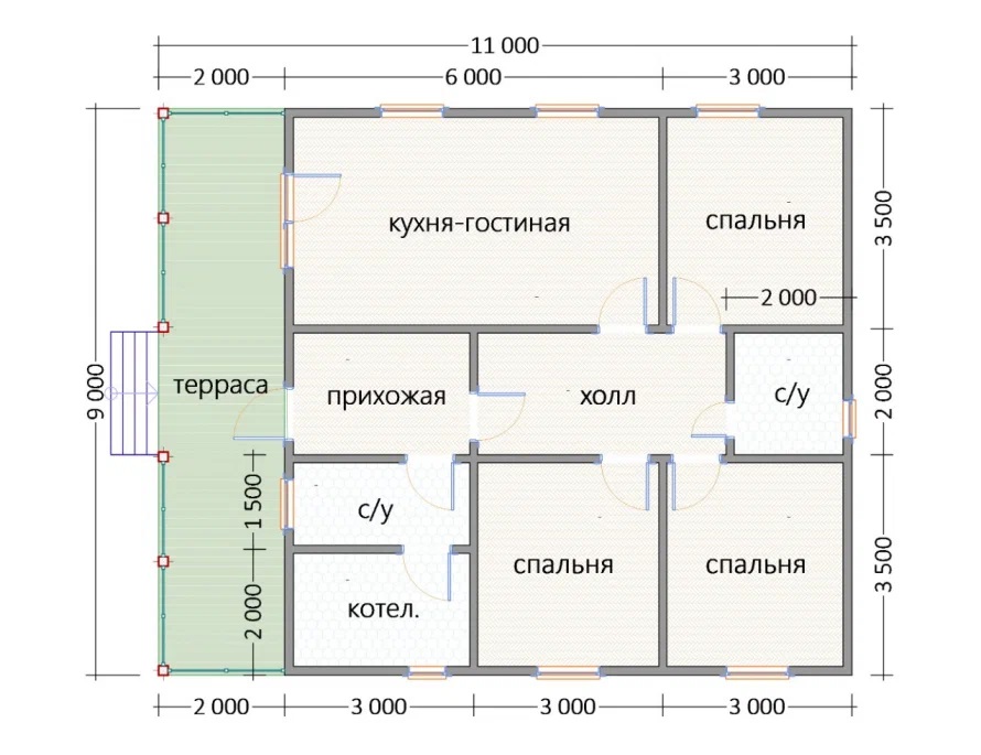 Проект дома для семьи: 1 этаж, 90 кв.м., 2 спальни, 2 с/у, котельная и терраса